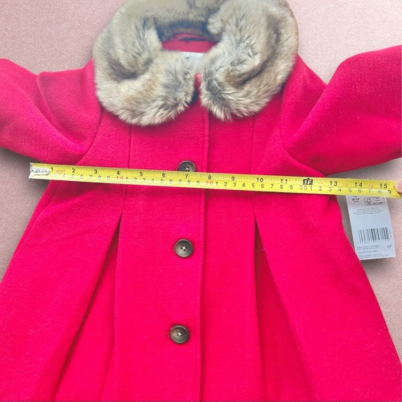 New Toddler girl button closure red Winter Coat With Faux Fur Trip 18-24m - Picture 8 of 12